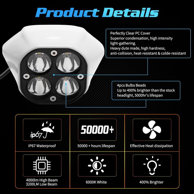 URLWALL Upgraded Headlight for Sur Ron Ultra Bee, Plug N Play LED Headlight Front Lamp Light With Mounting Bracket, Square Four Bulbs Headlamp & Assemblies for Sur ron, 3 Modes - Image 3